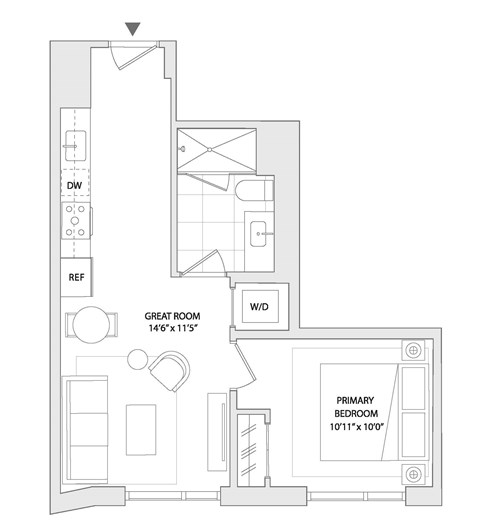 Floor plan for 1 bed, 1 bath, 591 sqft
